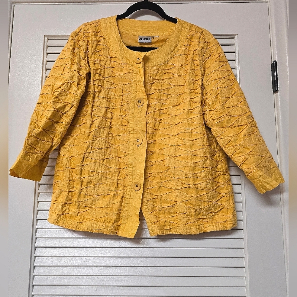 Chico's- (Plus-Size) Yellow Textured Cotton 3/4 Sleeve Button Cardigan Jacket